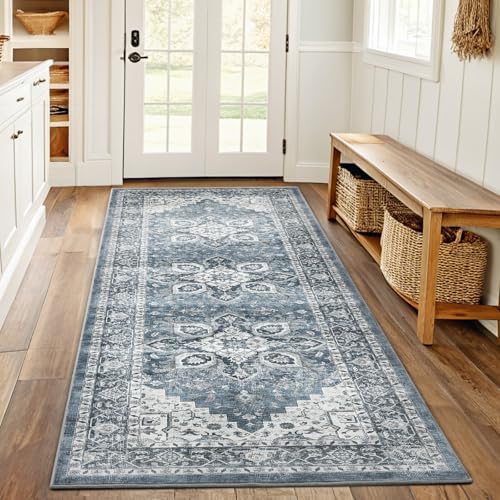 Amada 2x6 Washable Runner Rug for Kitchen and Entryway, Blue, Vintage Style by AMADAHOMEFURNISHING