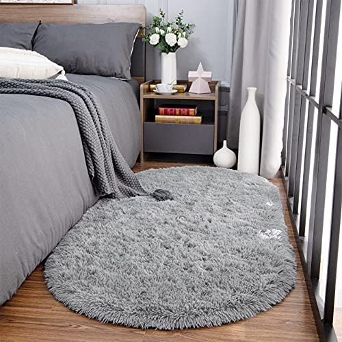 Noahas 2.6x5.3 Grey Fluffy Soft Oval Rug Non-Slip for Bedroom Dorm Hallway - Image 2