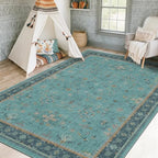 Washable 5x8 Teal Rug for Living Room, Boho Area Rugs for Bedroom Under Bed, Modern Floral Low-Pile Non Skid Carpet for Dining Room Under Table, Stain Resistant Vintage Home Décor - Image 3