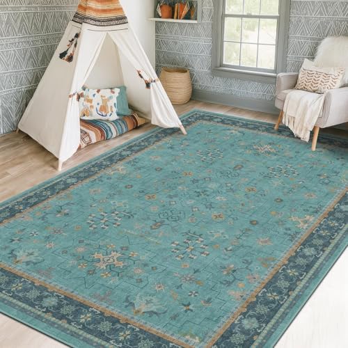 Washable 5x8 Teal Rug for Living Room, Boho Area Rugs for Bedroom Under Bed, Modern Floral Low-Pile Non Skid Carpet for Dining Room Under Table, Stain Resistant Vintage Home Décor - Image 3