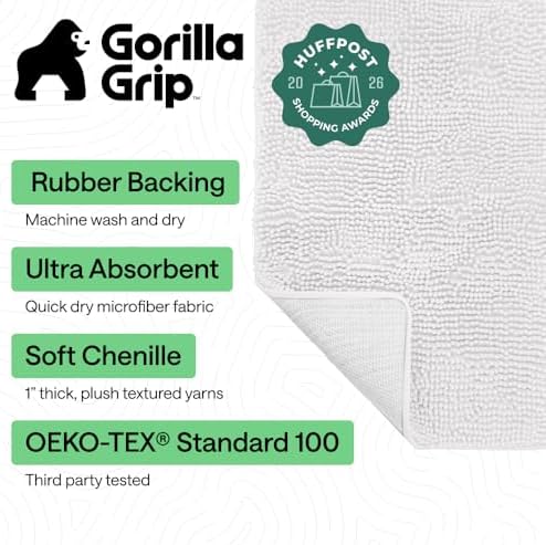 GORILLA GRIP Bath Rug Mat for Bathroom, Absorbent Chenille, 60x17 White - Image 2