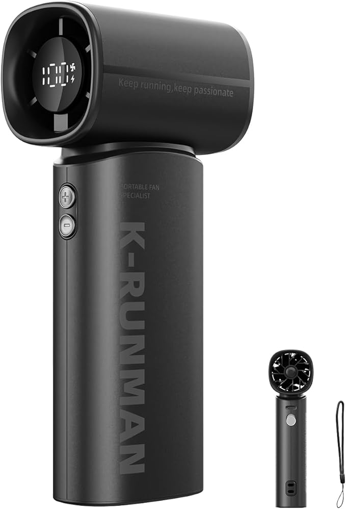 K-RUNMAN Portable Handheld Turbo Fan, 5 Gear Wind, Battery Operated, Up to 12 Working Hours, LED Display with Air Turbo Tech Cooling Fan for Outdoor Activities, Travel, Beach (Black)