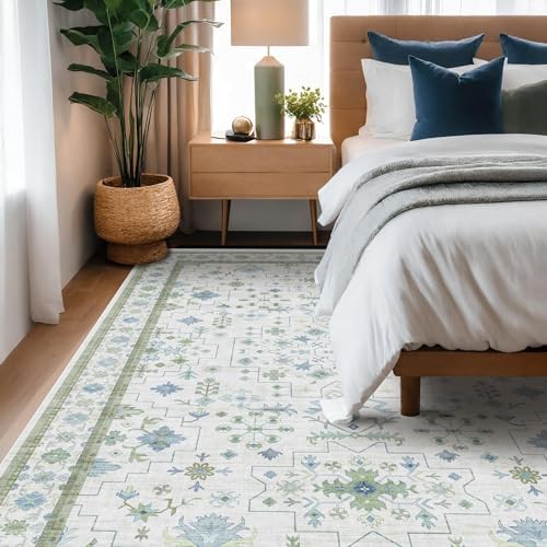 Cream Green Large 8x12 Area Rug for Living Room - Washable Non Skid Geometric Floral Carpet for Dining Room, Playroom, Bedroom - Blue and Green Soft Floral Rug - Image 6