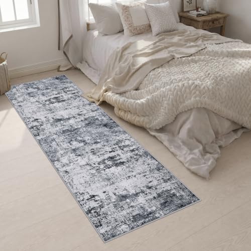 2.6x10 Washable Runner Rug:Modern Abstract Indoor Soft Carpet Grey - Image 5