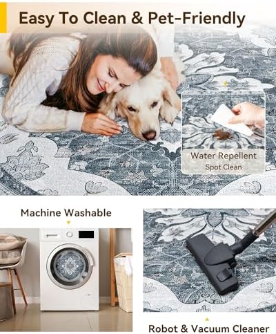 RELEANY Washable Area Rug, Round 8ft, Grey/White/Beige - Image 5