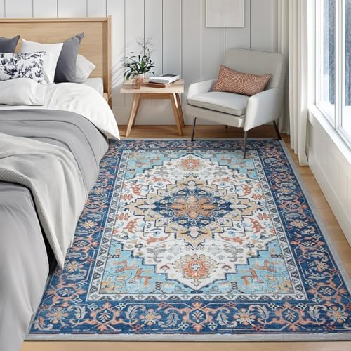 Lofus 5x7 Area Rugs for Living Room Bedroom, Soft Boho Carpet Floral Blue - Image 2