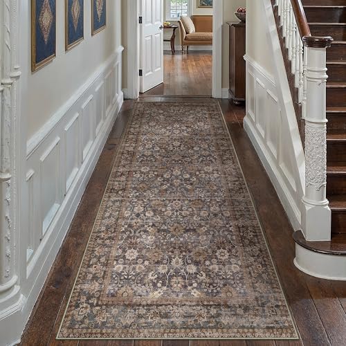 HUGEAR 3x8 Brown Blue Vintage Floral Washable Runner Rug for Hallway - Image 3