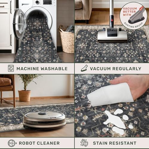 Black Washable 2x3 Entry Rug, Small Rugs for Entryway Kitchen Bathroom Door Mat Indoor Entrance, Non Slip Rubber Backing, Stain & Fade Resistant, Ashen Charcoal Floral Farmhouse Decor - Image 4