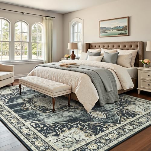 Lofus 8x10 Washable Rugs Non-Slip, Vintage Floral Area Rug for Living Room Bedroom Dining Room Kitchen, Low Pile Distress Print Medallion Carpet Home Decor Rug, Black Beige - Image 2