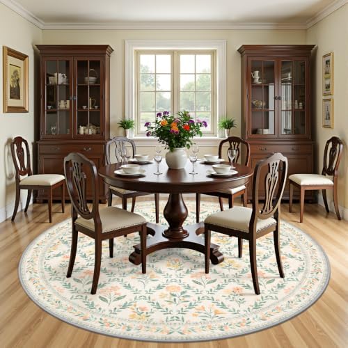 PLHXFR Round Area Rug Living Room: 8 ft Floral Washable Carpet Beige Multi - Image 3