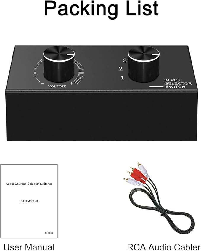 6-Way Audio Switcher, Right and Left Channel Stereo Audio Switcher, Plug & Play Compatible with TV, Blu -Ray Player, DVD Player, CD, Amplifier, Speaker (6 in-1 Out)