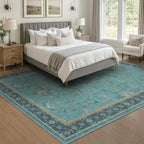 Boho 9x12 Large Teal Green Washable Living Room Rug - Vibrant Turquoise Rug for Bedroom Under Bed, Dining Room Under Table, Geometric Floral Low Pile & Soft Stain Resistant Carpet - Image 3