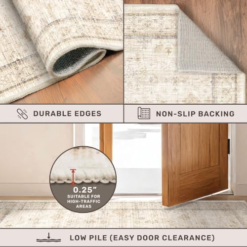 Beige 3x10 Washable Long Hallway Runner Rug Non Slip, Stain & Fade Resistant Farmhouse Kitchen Rug, Neutral Traditional Home Décor, Low Pile Non-Shedding Stain Resistant Oriental Carpet - Image 4