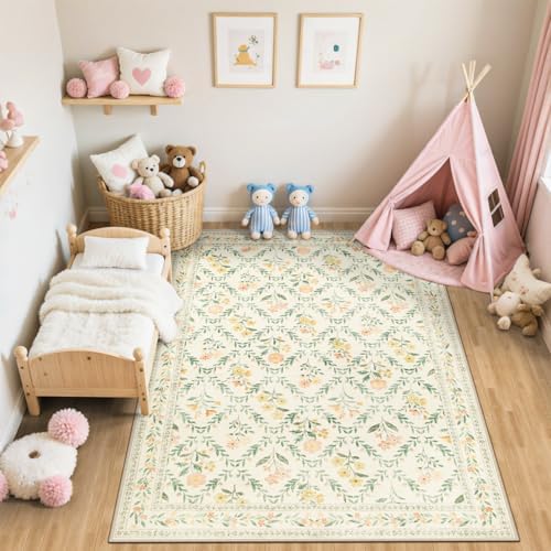 PLHXFR Area Rug Living Room: 4x6 Floral Washable Boho Carpet Beige Multi - Image 5