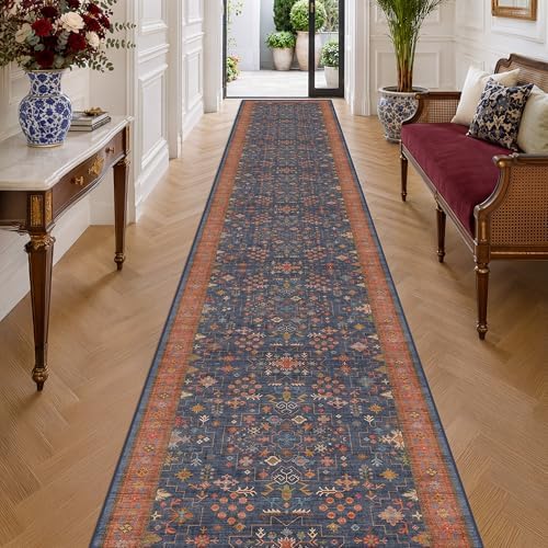 Hazo Haus Washable 3x20 Extra Long Hallway Runner Rug, Navy Blue Large Kitchen Floor Rug Indoor, Non-Slip Stain & Fade Resistant, Vintage Boho Floral Décor by HazoHaus