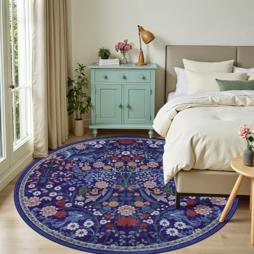 PLHXFR Round Area Rug Living Room: 8 ft Floral Washable Soft Carpet Blue - Image 2