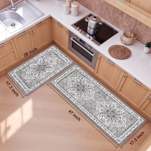 Boho Kitchen Mats for Floor 2PC Anti Fatigue Kitchen Rugs, Grey - Image 2