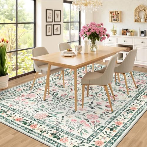 PLHXFR Area Rug Living Room: 5x7 Floral Washable Boho Carpet Green Beige - Image 4