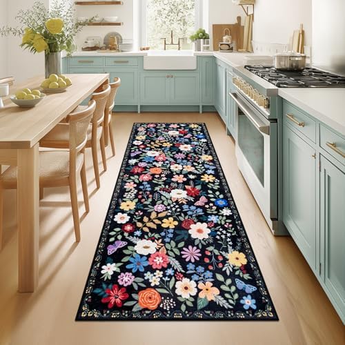 PLHXFR 2x5 Washable Runner Rug：Floral Indoor Kitchen Soft Carpet Black by PLHXFRSoftAreaRugs