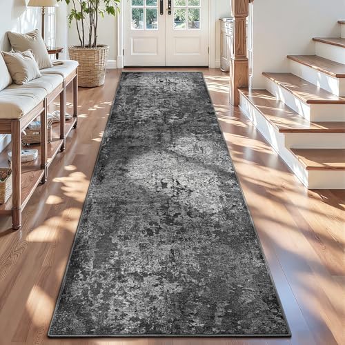 2.6x12 Black Rug Runners for Hallways Kitchen Runner Rug Non Slip Washable Black Long Runner Rugs with Rubber Backing Soft Abstract Carpet Runner for Bedroom, Kitchen, Bathroom, Entryway by OmpaaHomeDecor