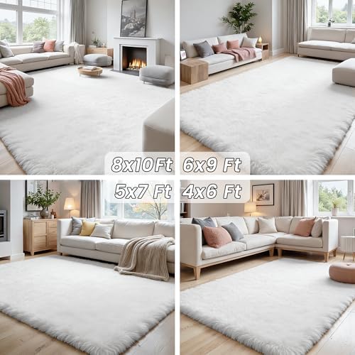 5x8 Fluffy Shag Area Rugs for Living Room Bedroom: Soft Plush Carpet White - Image 7