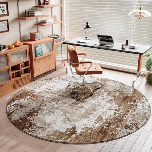 Brown Round Rugs 6ft Washable Circle Area Rug for Entryway Kitchen, Non Slip Soft Low Pile Stain Resistant, Boho Circular Carpet for Living Room Bedroom Dorm Dining Room Table, Abstract Coffee - Image 3