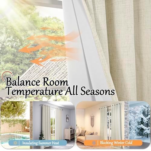 Blackout Curtains 54 Inch Length 2 Panels for Bedroom, Thermal Insulated Total Light Blocking Noise Reducing Linen Window Curtains for Farmhouse, Bronze Grommet, Natural, Each 52" Wide
