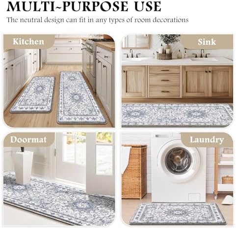 Boho Kitchen Mats for Floor 2PC Anti Fatigue Kitchen Rugs, Blue Grey - Image 6