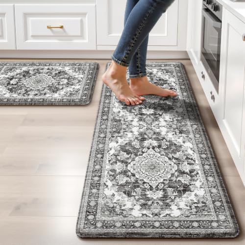 Boho Kitchen Mats for Floor 2PC Anti Fatigue Kitchen Rugs, Dark Grey by tubeamin
