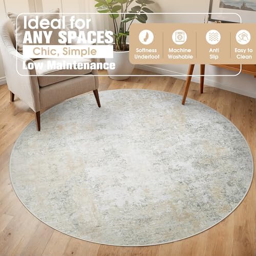 Aelenmu Round Rug 6ft Washable Rug for Dining Room Living Room Beige Grey - Image 3