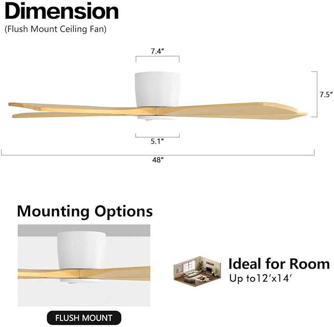 WINGBO 48" Flush Mount DC Ceiling Fans Without Lights, 5 Carved Solid Wood Blades, 6-Speed Reversible DC Motor, Low Profile Hugger Ceiling Fan No Lights for Living Room Bedroom Patio, White and Oak