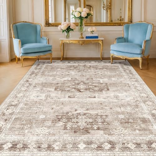 Washable Neutral Farmhouse Living Room Rug, 6x9 Area Rugs for Bedroom, Dining Room Under Table Carpet, Kids Room, Large Boho Vintage Non-Slip Floral Rugs Low Pile Stain Resistant (6x9 Beige/Latte) by HazoHaus