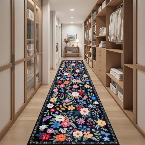 PLHXFR 2.6x14 Washable Runner Rug：Floral Indoor Kitchen Soft Carpet Black - Image 5