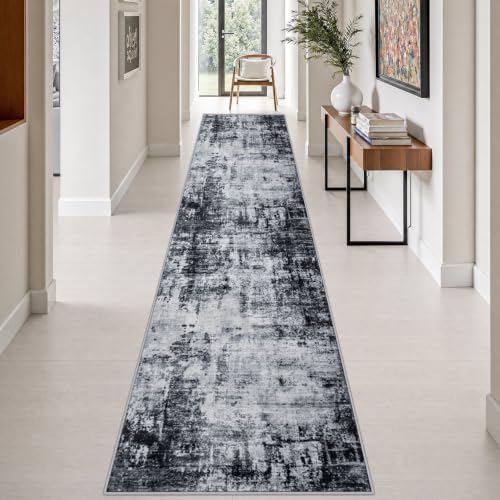 2.6x14 Washable Runner Rug:Modern Abstract Soft Carpet Dark Black by FXRHLP