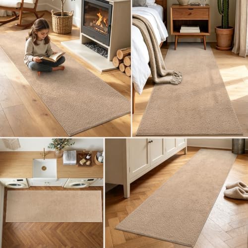 2x6 Beige Solid Runner Rug Washable Non-Slip for Kitchen Hallway Bathroom - Image 3