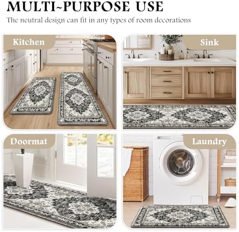 Boho Kitchen Mats for Floor 2PC Anti Fatigue Kitchen Rugs, Black Brown Grey - Image 6