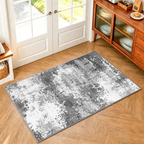 3x4 Washable Porch Rug Grey Front Door Welcome Mat 36x48, Indoor Outdoor Entryway Rugs for Kitchen Floor, Bath, Bedroom Bedside, Non-Slip Low Pile Stain & Fade Resistant, Abstract Gray by Acapet
