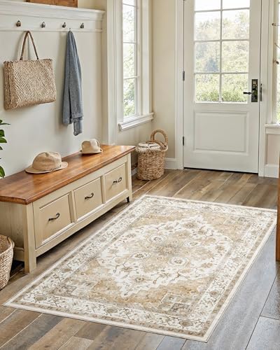 Amada 4x6 Washable Area Rug for Bedroom, Beige, Vintage Pattern by AMADAHOMEFURNISHING