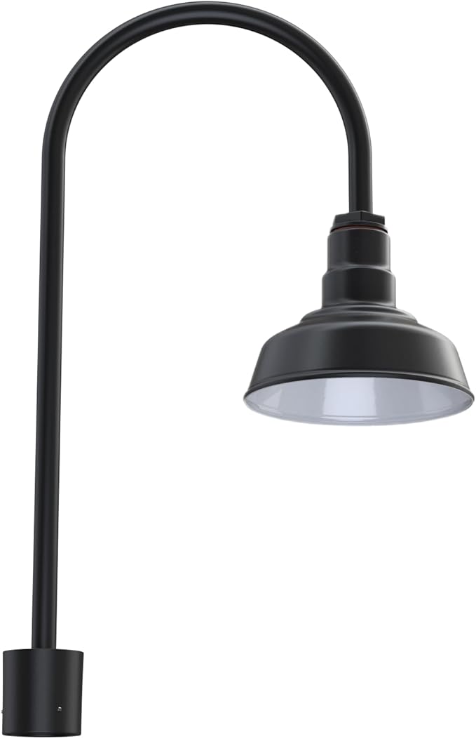 Steel Lighting Co. Hawthorne Light | Outdoor Pole Top Mounted | 8" Dome | Upslope Gooseneck with Slip Fitter for 2-3/8" Standard Poles | Made in America | Matte Black Exterior/White Interior