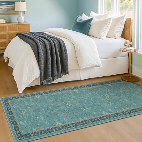 Hazo Haus Boho 2x6 Non Slip Kitchen Rug Runner - Teal Washable Rug for Bathroom, Laundry Room, Hallway, Non Slip with Rubber Backing, Floral Aqua Blue Unique Runner Décor - Image 6