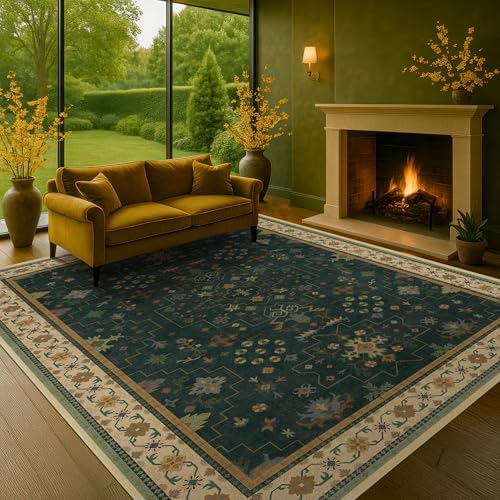 Hazo Haus Dark Green Vintage 7x10 Washable Rugs for Living Room - Dark Academia Victorian Floral Geometric Bedroom Rug, Ultra Soft Thin Low Pile Non-Slip Large Rugs for Lounge - Image 3