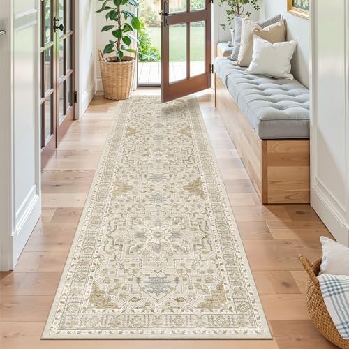 Madane Kitchen Runner Rug 2x7 with Rubber Backing Non Slip, Beige/Blue by Madane