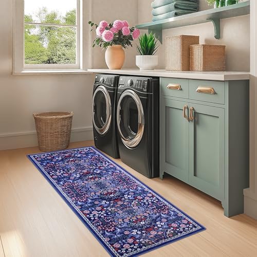 PLHXFR 2x5 Washable Runner Rug：Floral Indoor Kitchen Soft Carpet Blue - Image 4