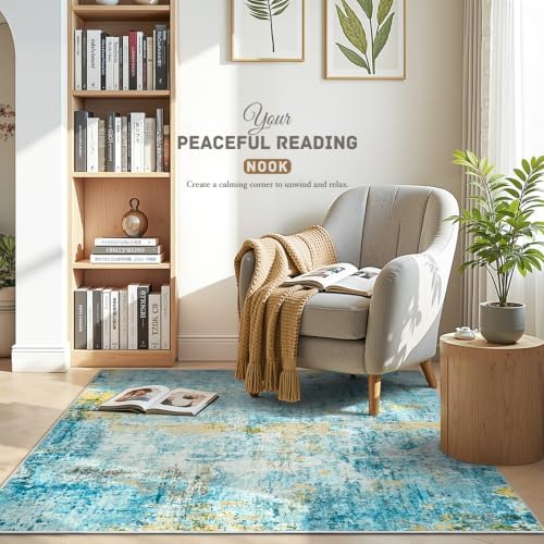 Entryway Rug 3x4 Teal Blue Bedroom Area Rug Washable Non Slip Abstract Boho Rugs for Indoor Entry, Kitchen, Classroom, Bathroom, Kids Girls Room, Office, College Dorm Small Carpet - Image 2