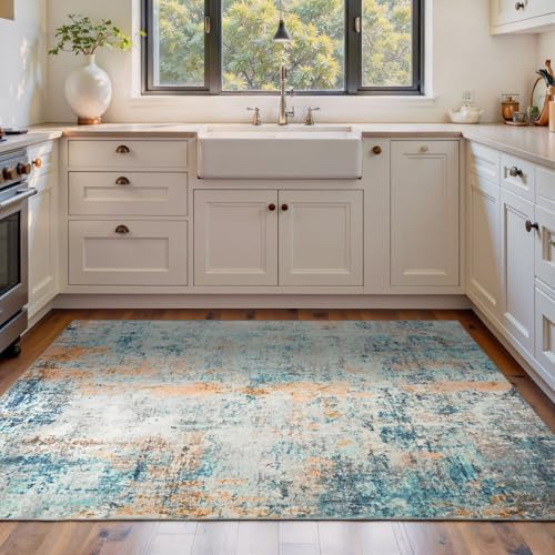 Area Rug 4x6 Blue Rug Washable Boho Rugs Non Slip Low Pile Abstract Small Carpet for Entryway, Bedroom, Kitchen, Classroom, Kids Room, Office, Dorm, Dining Room by OmpaaHomeDecor