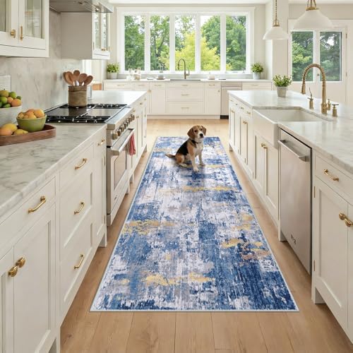 RELEANY Washable Runner 3'x8' Abstract Area Rug for Hallway Blue Gold by RELEANY