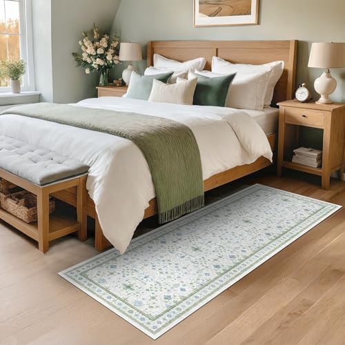 Hazo Haus Washable Oushak 2x6 Bathroom Runner Rug, Eclectic Boho Floral Pastel, Non Slip Low Pile Stain Resistant Small Throw Rug for Bedroom, Laundry Room, Powder Room, Cream Green - Image 3