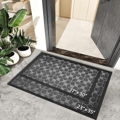Bulijojo Sturdy Front Entrance Doormats,Durable Heavy Duty Welcome Mat,Thick Absorbent Natural Rubber Non Slip Mat,Easy Clean Entryway Mat 17"x30" Geometric Grey - Image 6