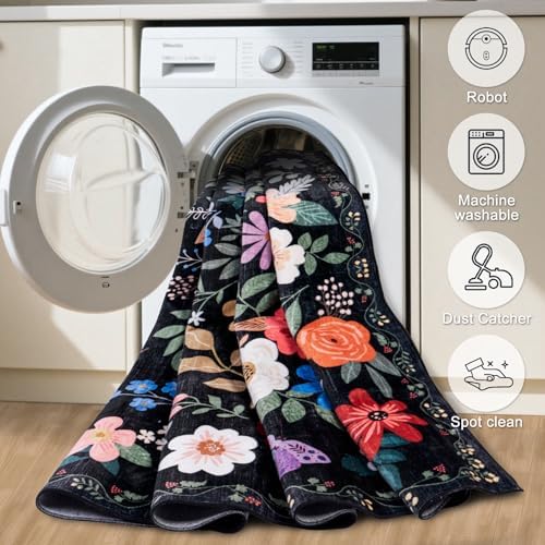 PLHXFR 2x3 Small Entryway Rug: Floral Washable Indoor Soft Carpet Black - Image 6