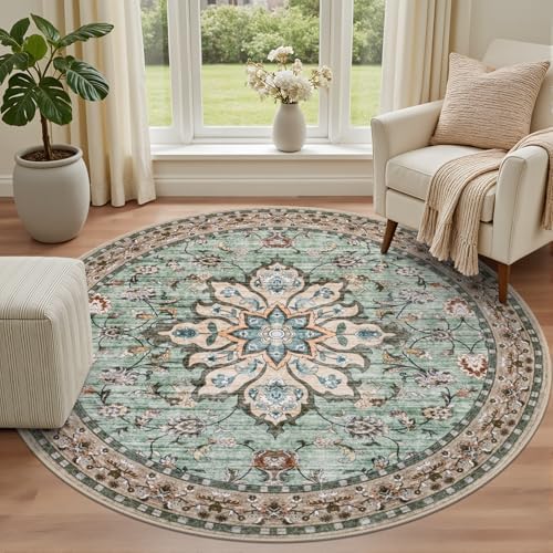 Round Area Rug for Living Room: 8ft Boho Washable Rug Brown Green - Image 2
